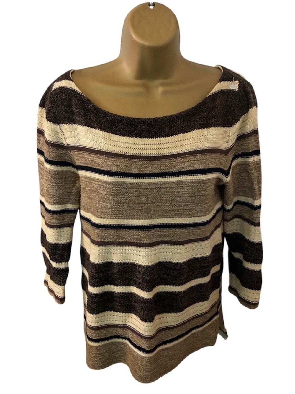 Lauren Ralph Lauren 3/4 Sleeve Striped Boat Neck Knit Sweater Brown S